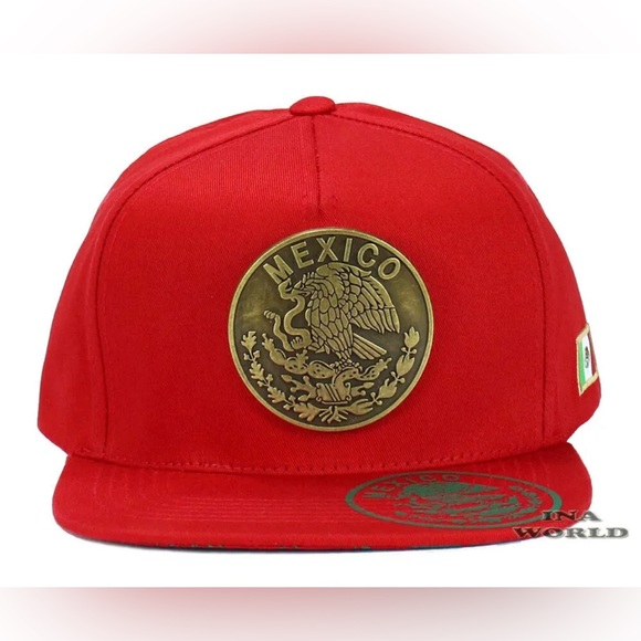 Mexican Hat Mexico Metallic Brass Eagle Logo Snapback Flat Bill Baseball Cap - Picture 2 of 7